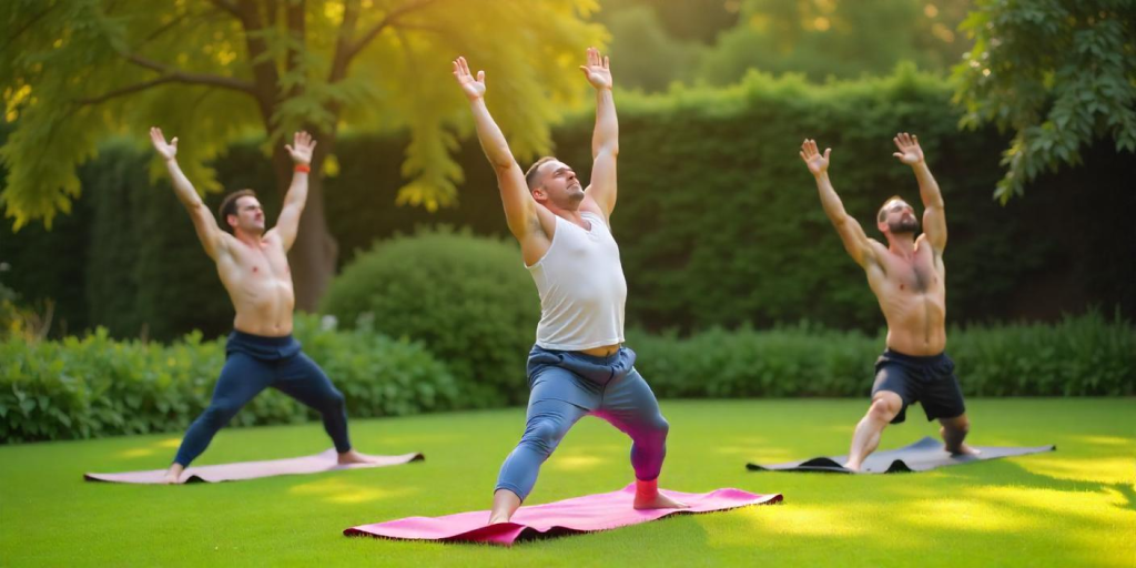 A group of man do yoga