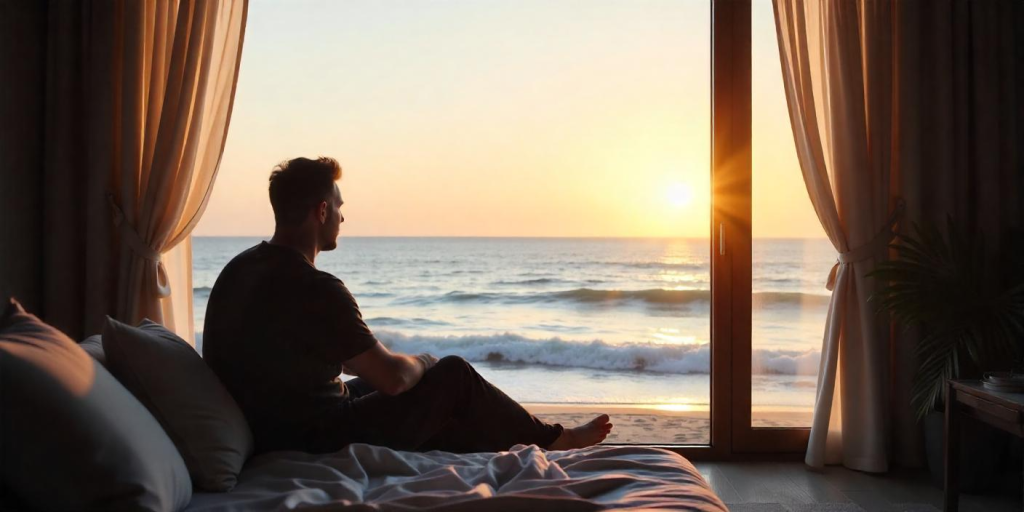 a man sitting on a bed looking out a window at the ocean