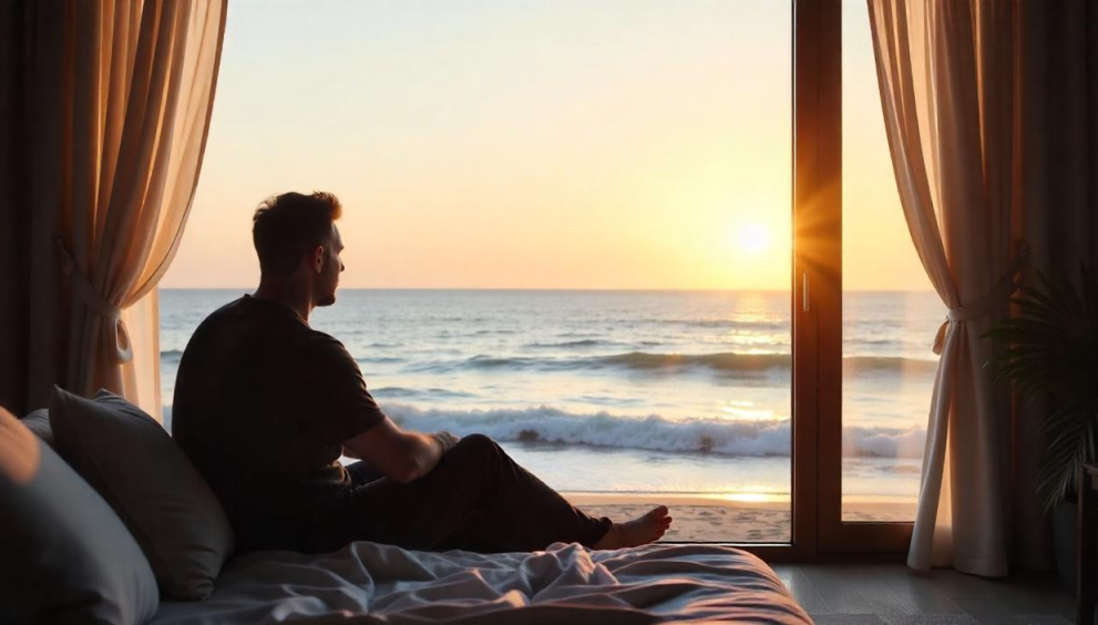 a man sitting on a bed looking out a window at the ocean